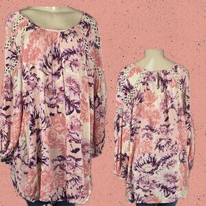 Roaman's +18W Pink-Purple Floral Scoop Neckline Grommet Detail 3/4 Sleeve Blouse